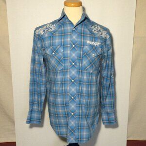 Wrangler Mens Western Plaid Shirt Small Blue Long Sleeve Spell Out Embroidery